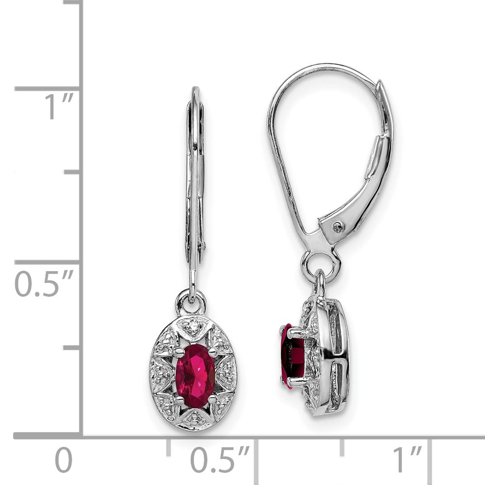 Rhodium-plated Sterling Silver Diamond & Created Ruby Leverback Earrings