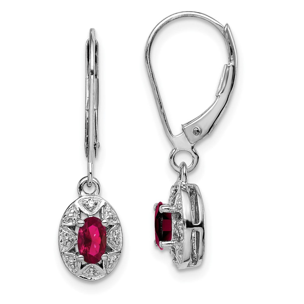 Rhodium-plated Sterling Silver Diamond & Created Ruby Leverback Earrings