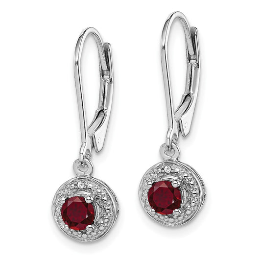 Rhodium-plated Sterling Silver Diamond & Lab Created Ruby Leverback Earrings