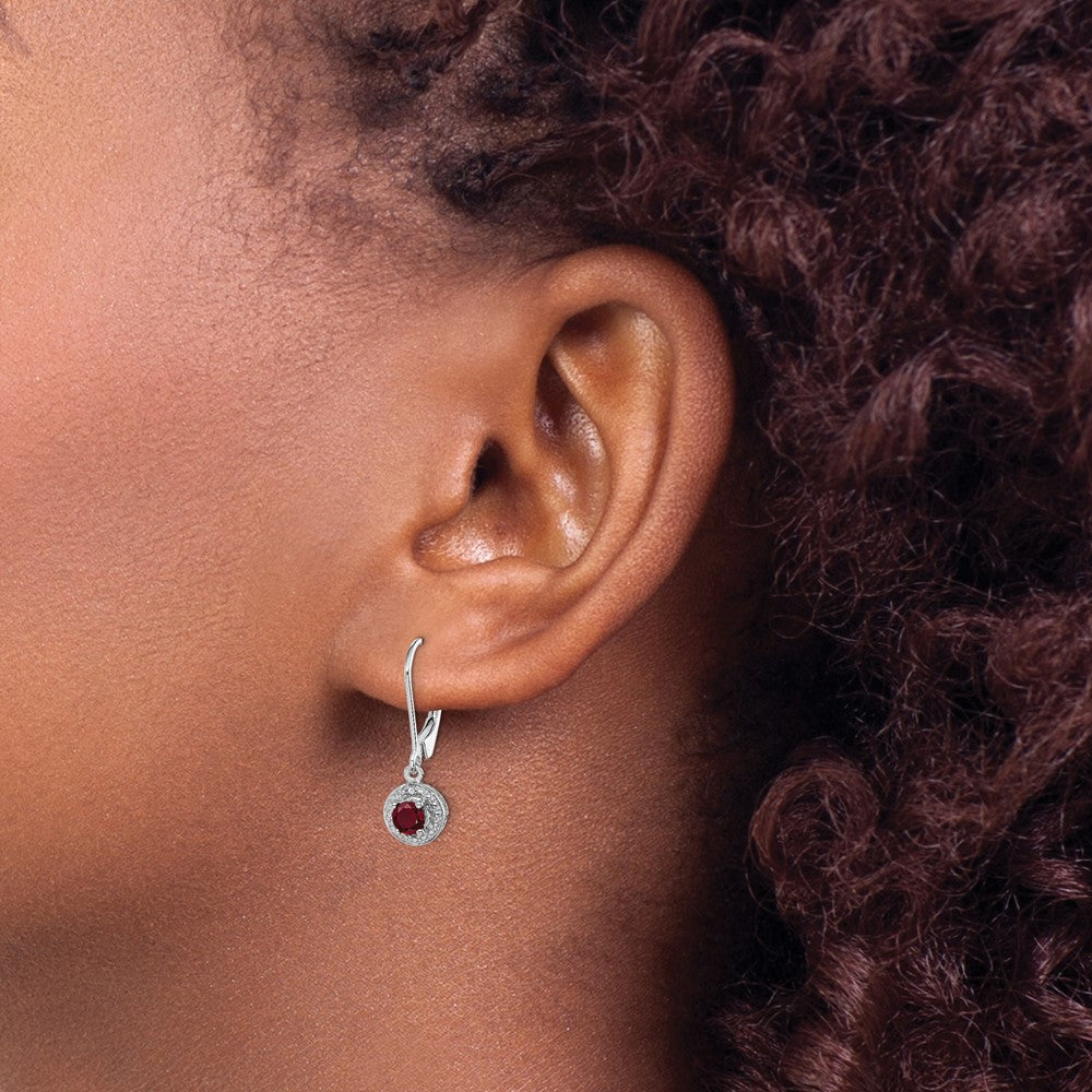 Rhodium-plated Sterling Silver Diamond & Lab Created Ruby Leverback Earrings