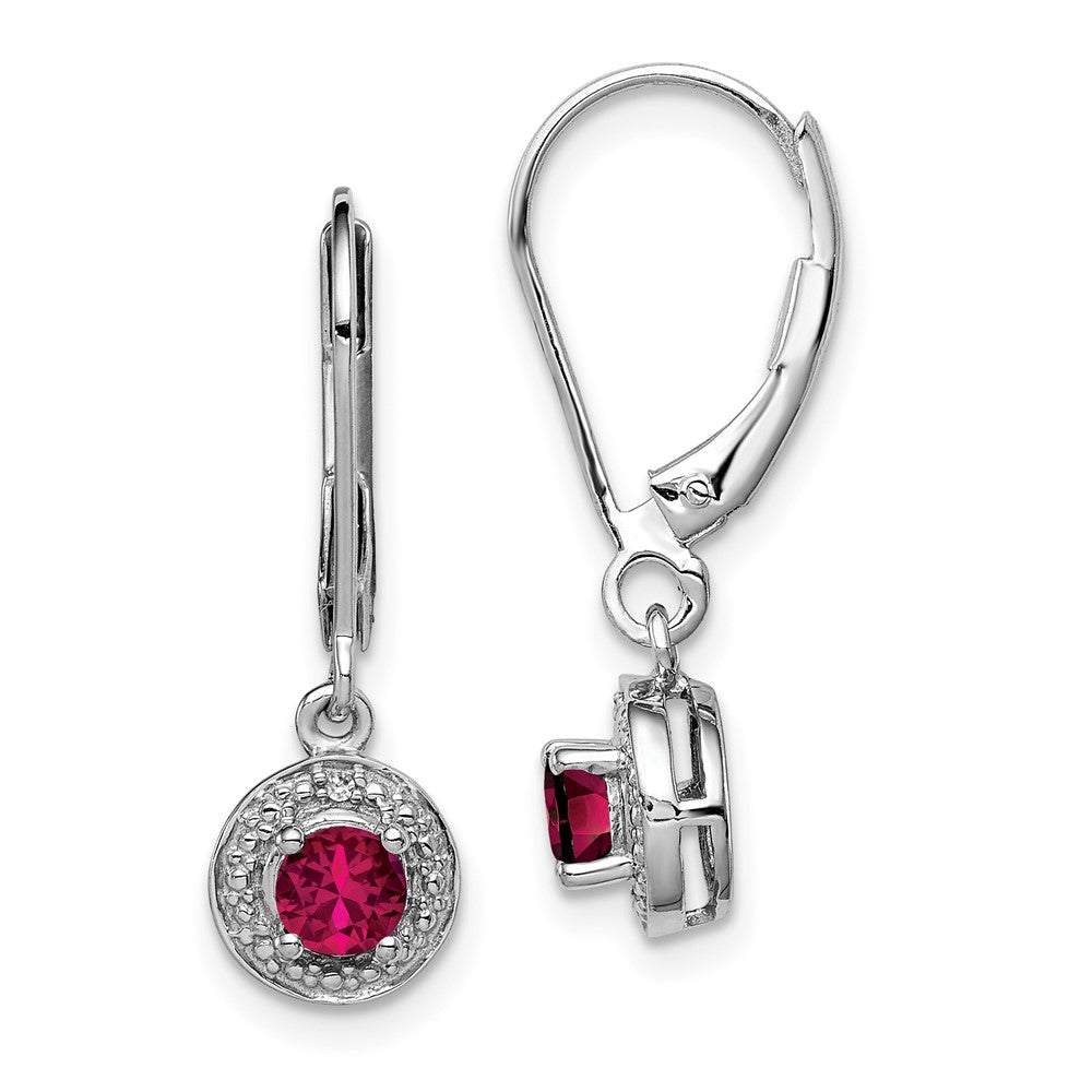 Rhodium-plated Sterling Silver Diamond & Lab Created Ruby Leverback Earrings