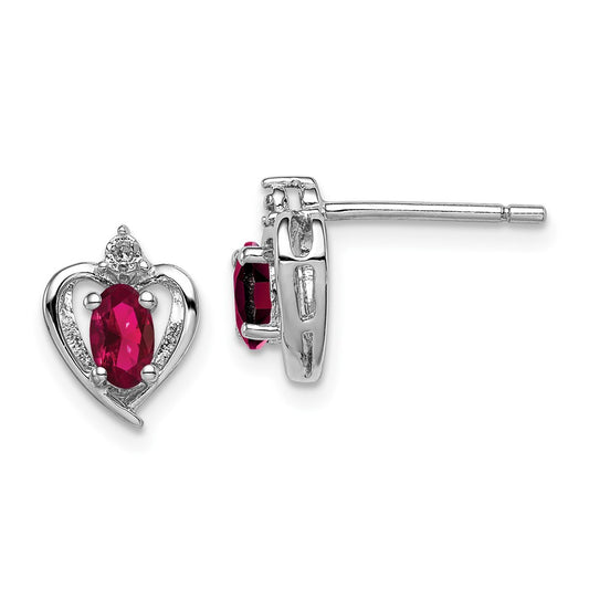 Rhodium-plated Sterling Silver Created Ruby & Diamond Earrings