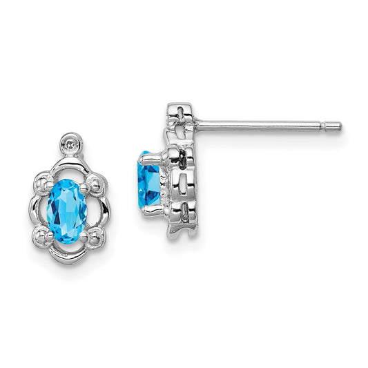 Rhodium-plated Sterling Silver Light Swiss Blue Topaz & Diamond Earrings