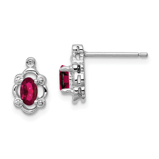 Rhodium-plated Sterling Silver Created Ruby & Diamond Earrings