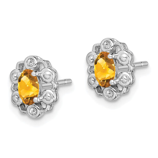 Rhodium-plated Sterling Silver Citrine & Diamond Earrings