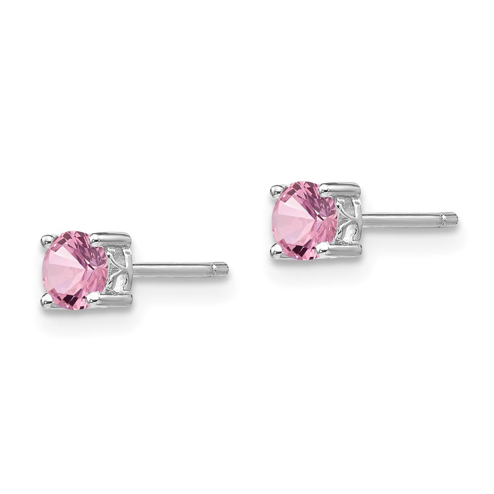 Rhodium-plated Sterling Silver 4mm Round Created Pink Sapphire Post Earrings