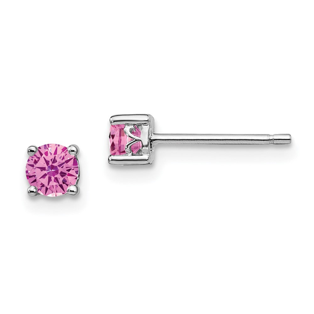 Rhodium-plated Sterling Silver 4mm Round Created Pink Sapphire Post Earrings