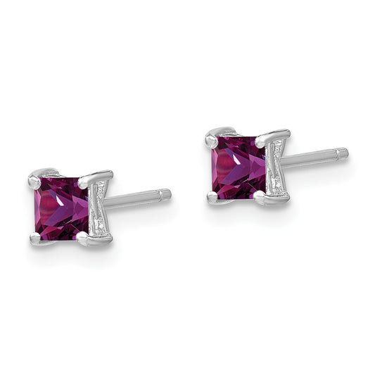 Sterling Silver 4mm Princess Created Ruby Post Earrings