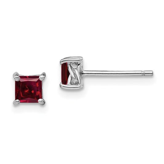 Sterling Silver 4mm Princess Created Ruby Post Earrings