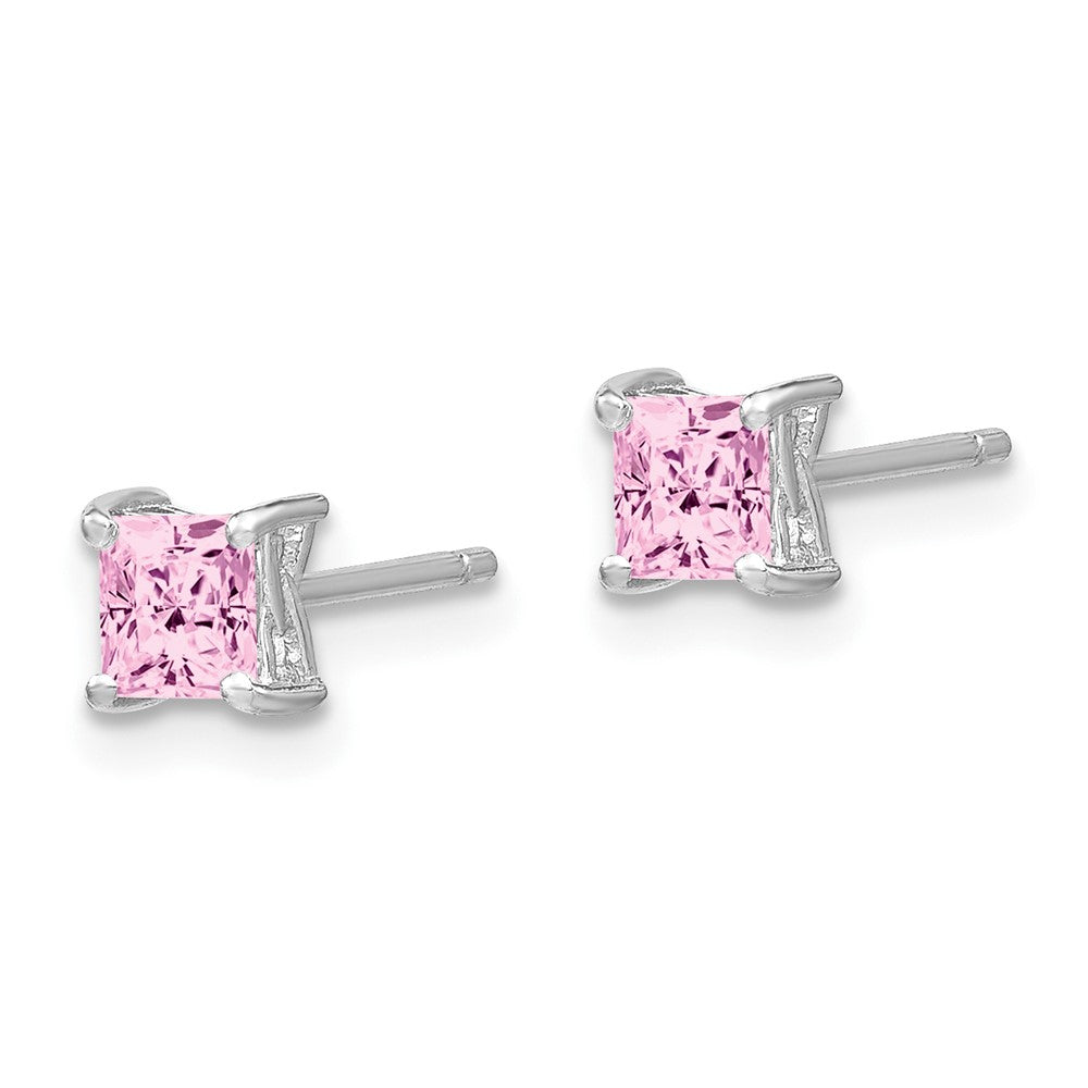 Sterling Silver 4mm Princess Created Pink Sapphire Post Earrings