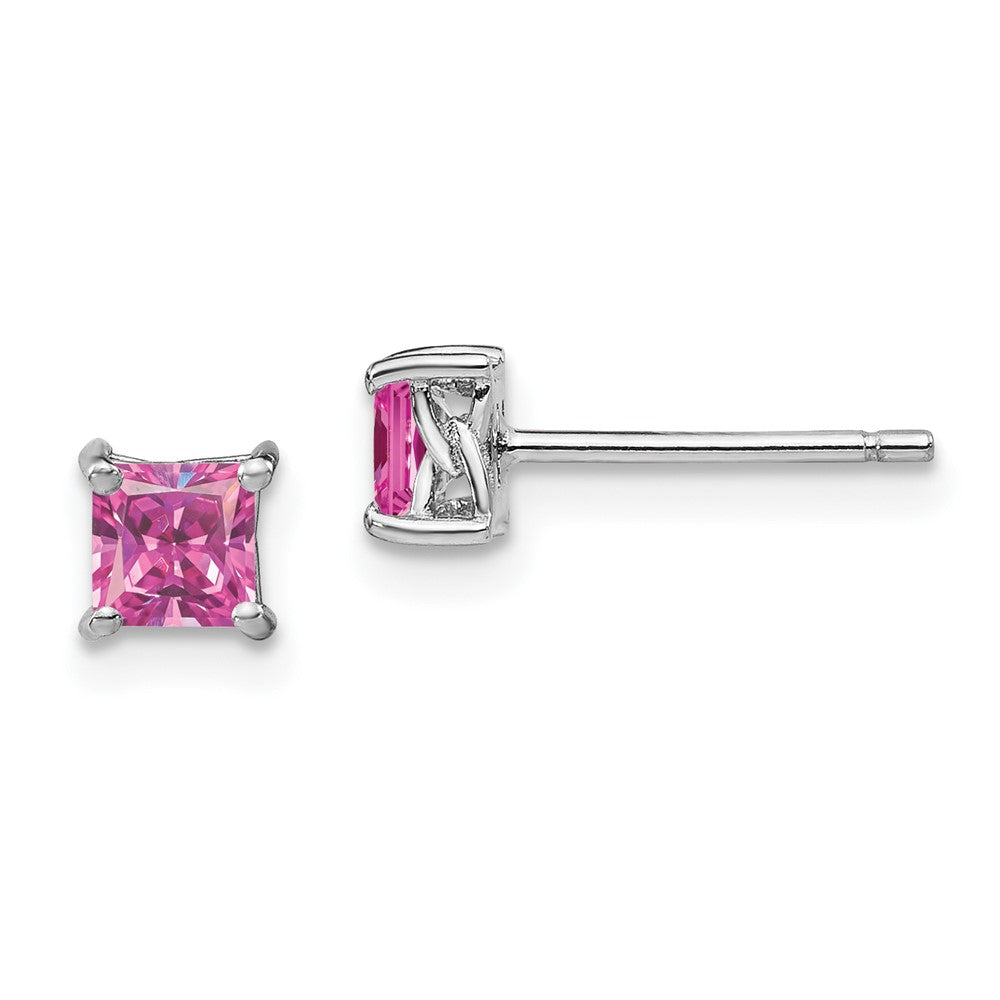 Sterling Silver 4mm Princess Created Pink Sapphire Post Earrings