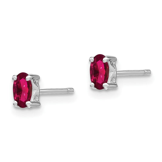 Rhodium-plated Sterling Silver 5x3mm Oval Created Ruby Post Earrings