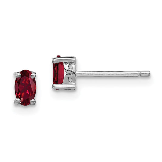 Rhodium-plated Sterling Silver 5x3mm Oval Created Ruby Post Earrings