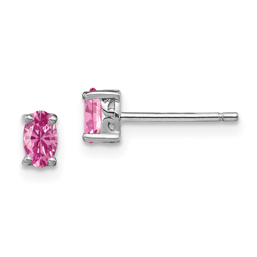 Rhodium-plated Sterling Silver 5x3mm Oval Created Pink Sapphire Post Earrin