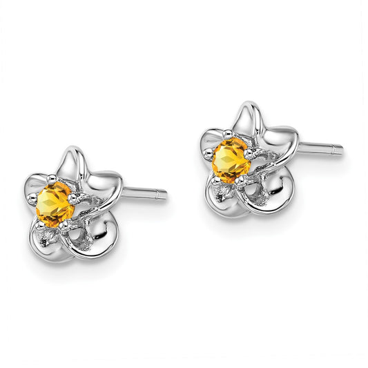 Rhodium-plated Sterling Silver Floral Citrine Post Earrings