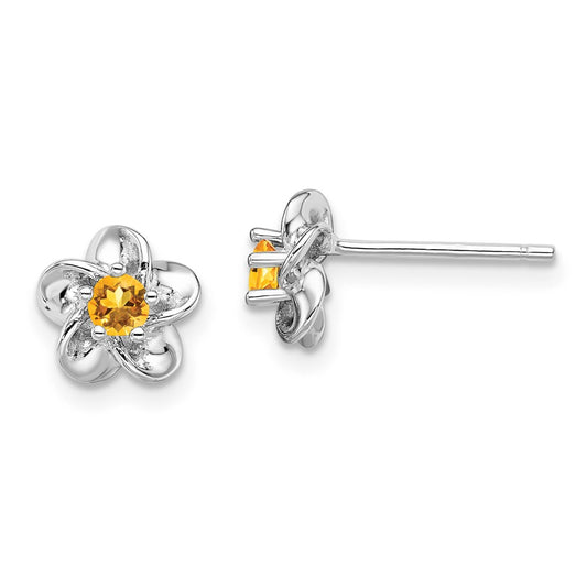 Rhodium-plated Sterling Silver Floral Citrine Post Earrings