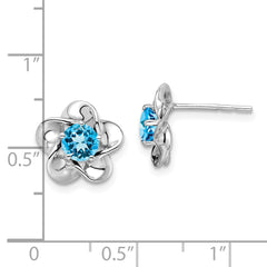 Rhodium-plated Sterling Silver Floral Blue Topaz Post Earrings