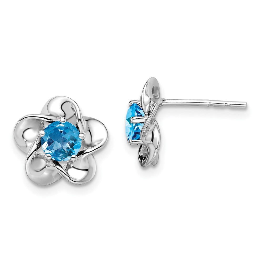 Rhodium-plated Sterling Silver Floral Blue Topaz Post Earrings