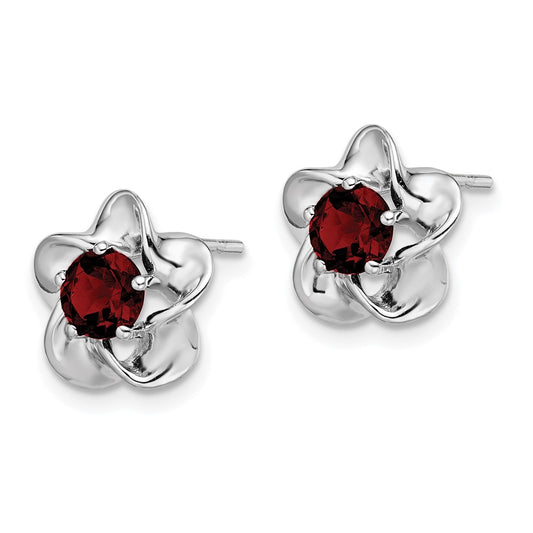 Rhodium-plated Sterling Silver Floral Created Ruby Post Earrings