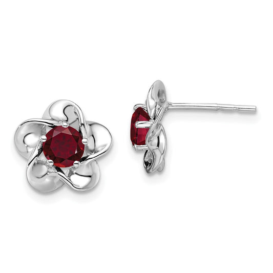 Rhodium-plated Sterling Silver Floral Created Ruby Post Earrings