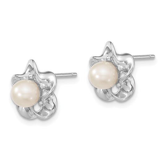 Rhodium-plated Sterling Silver Floral FWC Pearl Post Earrings