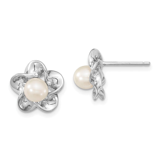 Rhodium-plated Sterling Silver Floral FWC Pearl Post Earrings