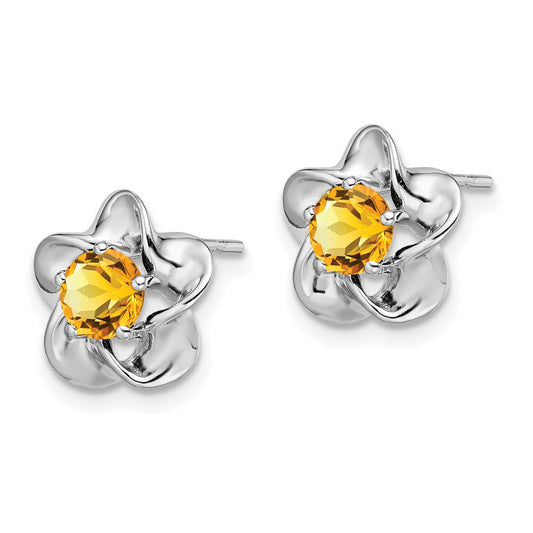 Rhodium-plated Sterling Silver Floral Citrine Post Earrings