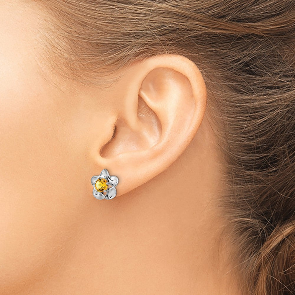 Rhodium-plated Sterling Silver Floral Citrine Post Earrings