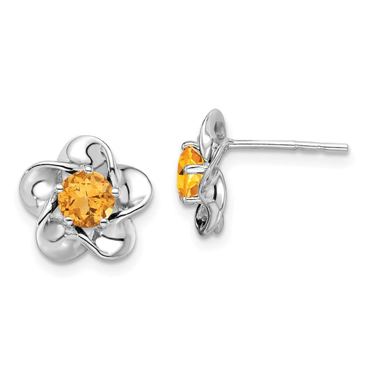 Rhodium-plated Sterling Silver Floral Citrine Post Earrings