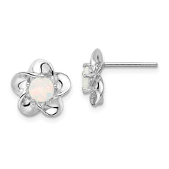 Rhodium-plated Sterling Silver Floral Created Opal Post Earrings