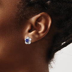 Rhodium-plated Sterling Silver Floral Created Sapphire Post Earrings