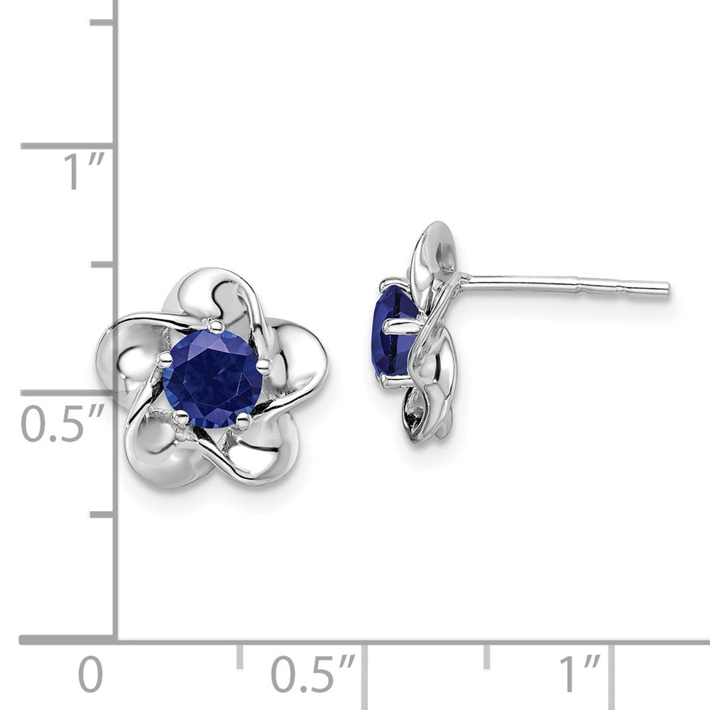 Rhodium-plated Sterling Silver Floral Created Sapphire Post Earrings