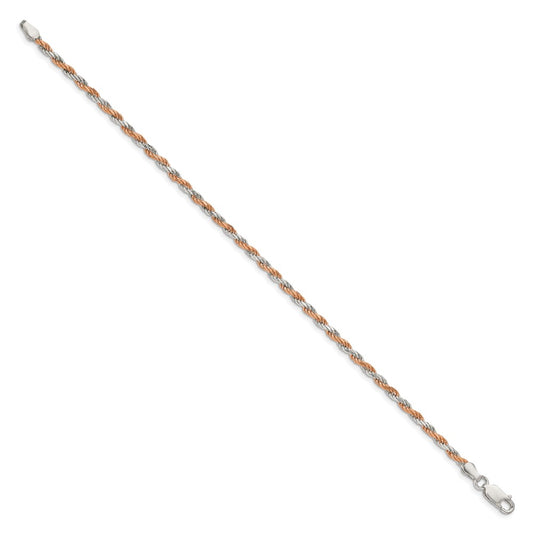 Cadena de cuerda con talla de diamante de plata de ley vermeil rosa de 2,5 mm