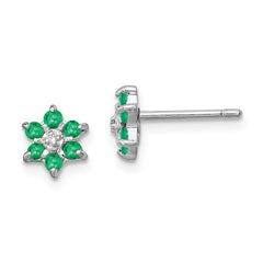 Rhodium-plated Sterling Silver Emerald & Diamond Post Earrings