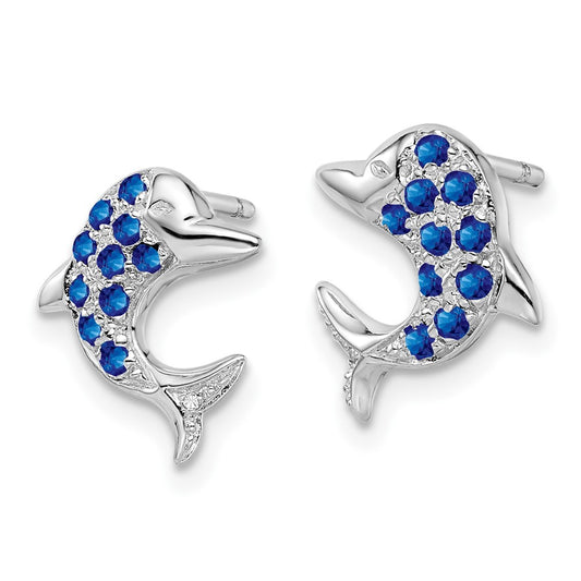 Rhodium-plated Sterling Silver Sapphire & Diamond Dolphin Post Earrings