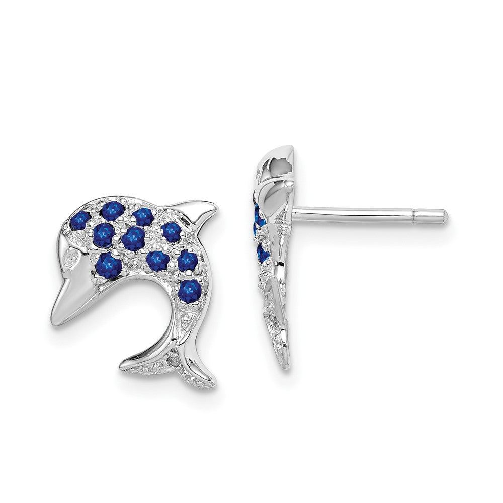 Rhodium-plated Sterling Silver Sapphire & Diamond Dolphin Post Earrings