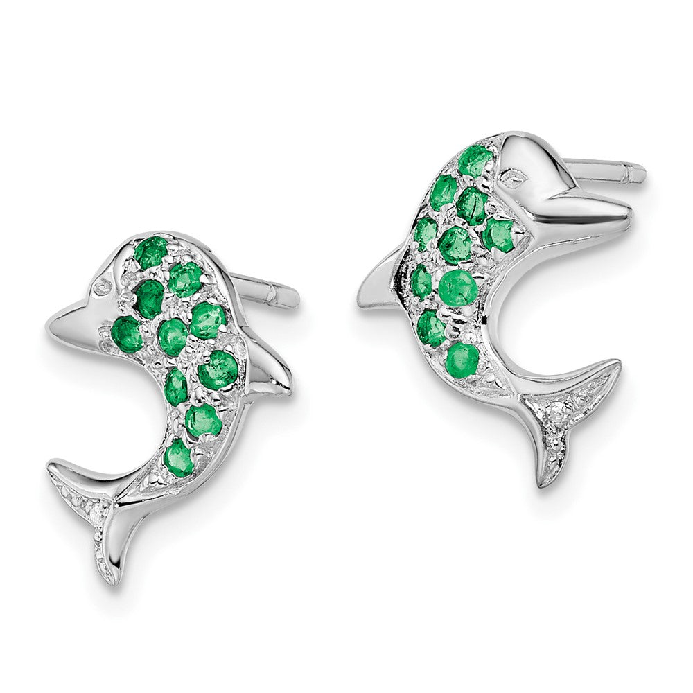 Rhodium-plated Sterling Silver Emerald & Diamond Dolphin Post Earrings