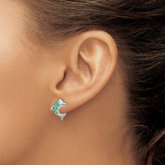 Rhodium-plated Sterling Silver Emerald & Diamond Dolphin Post Earrings