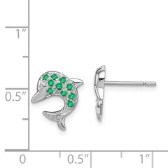 Rhodium-plated Sterling Silver Emerald & Diamond Dolphin Post Earrings