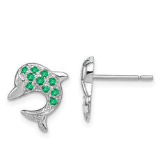 Rhodium-plated Sterling Silver Emerald & Diamond Dolphin Post Earrings