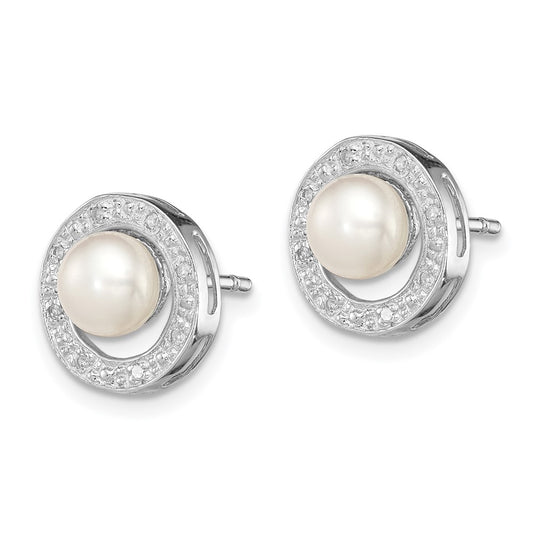 Rhodium-plated Sterling Silver 6mm FWC Pearl & Diamond Post Ear