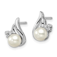 Rhodium-plated Sterling Silver 6mm FWC Pearl & Diamond Post Ear