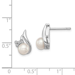 Rhodium-plated Sterling Silver 6mm FWC Pearl & Diamond Post Ear