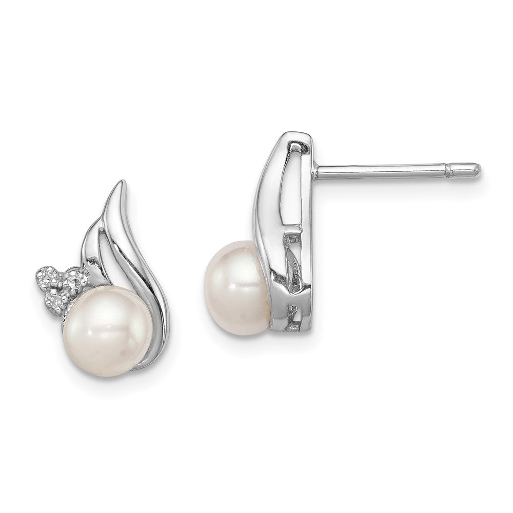 Rhodium-plated Sterling Silver 6mm FWC Pearl & Diamond Post Ear