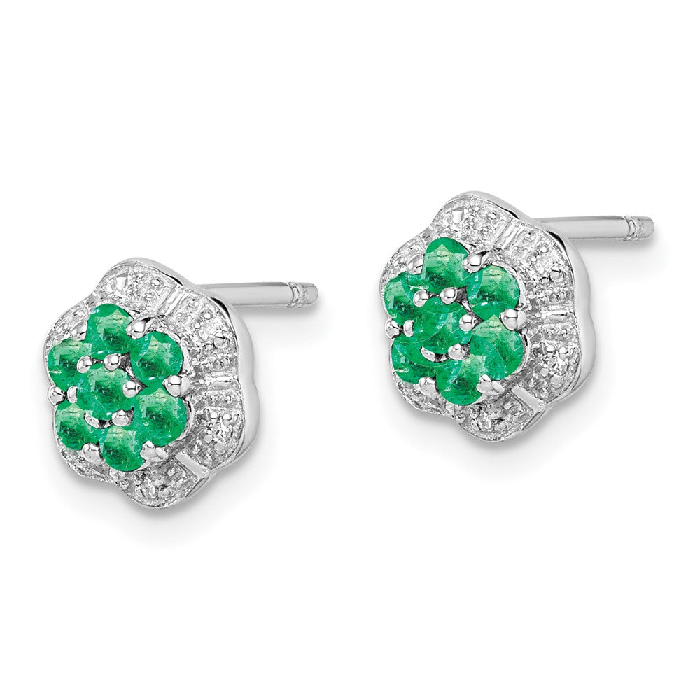 Rhodium-plated Sterling Silver Emerald & Diamond Post Earrings