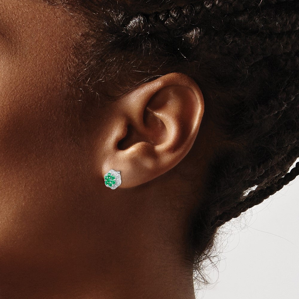 Rhodium-plated Sterling Silver Emerald & Diamond Post Earrings