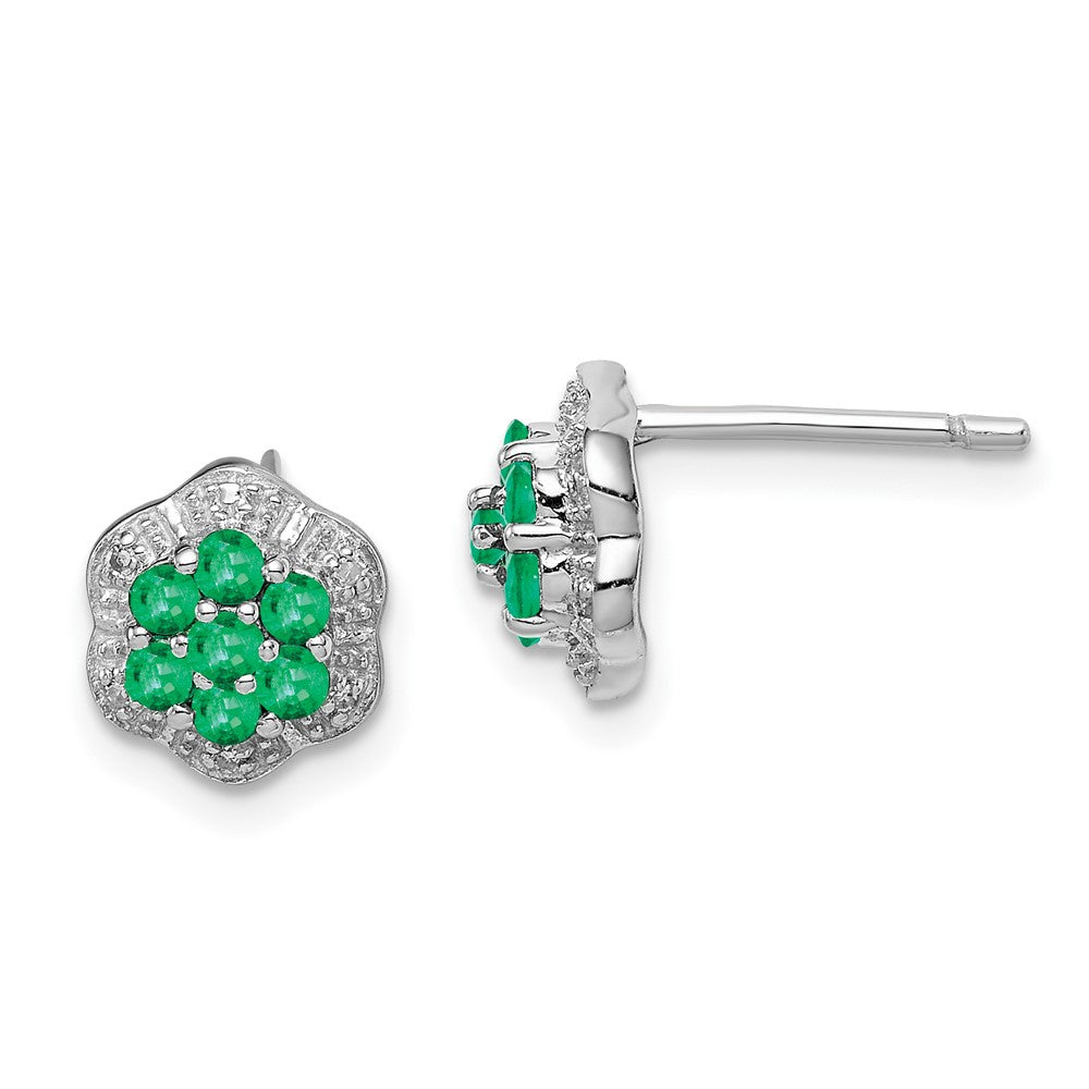 Rhodium-plated Sterling Silver Emerald & Diamond Post Earrings