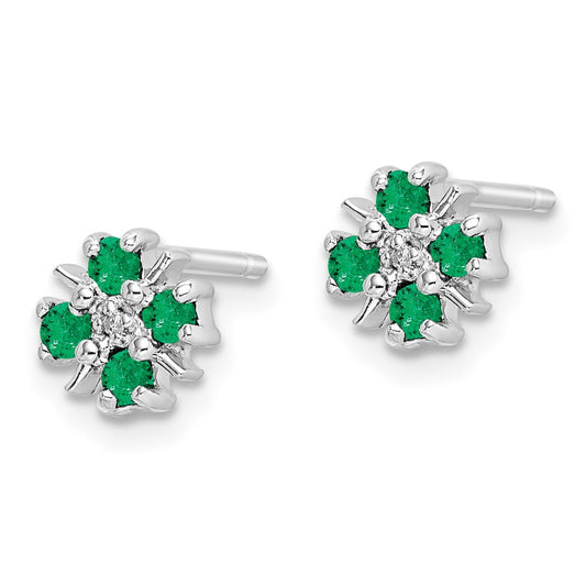 Rhodium-plated Sterling Silver Emerald & Diamond Post Earrings
