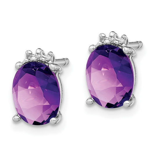 Rhodium-plated Sterling Silver Oval Amethyst and Diamond Post Earrings