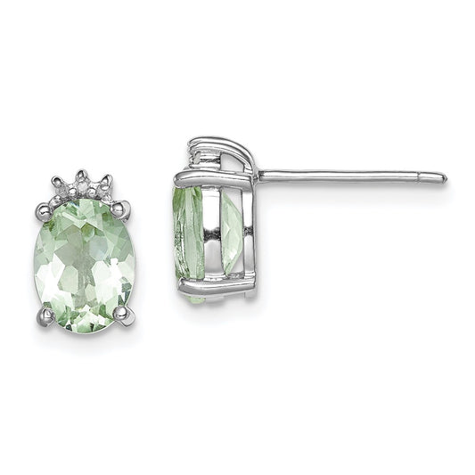 Rhodium-plated Sterling Silver Oval Green Quartz and Diamond Earrings